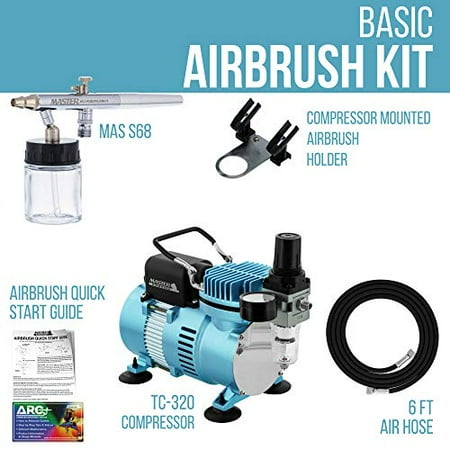 Airbrush Multi-Purpose Airbrushing System Kit with Siphon Feed Dual-Action Airbrush 0.35 mm Tip, 3/4 oz Fluid Cup, Pro 1/5 Cool Runner II Dual Fan Air Compressor - Hose, Holder, How To Guide
