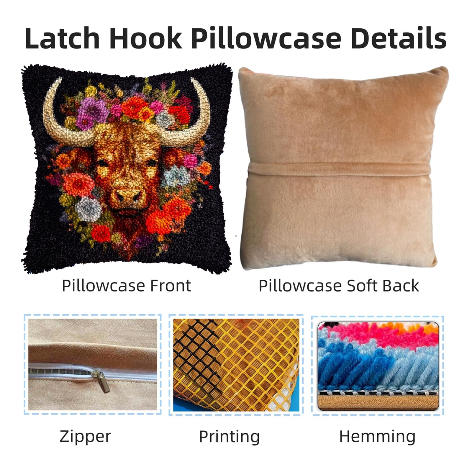 Cute Highland Cattle in Flowers DIY Latch Hook Pillow Kits for Adults Printed Pillowcase Crochet Yarns Hooking Handmade Pillow Cover Cushion for Home Sofa Decoration 17x17inch