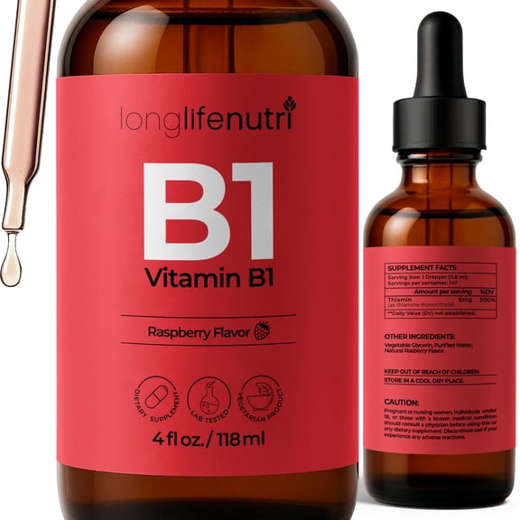 LongLifeNutri Vitamin B1 Liquid Drops - Thiamine Mononitrate Supplement for Energy and Nerve Health, Fast Absorption, 4 FL OZ, 5-Month Supply, Lab Tested, Made in USA