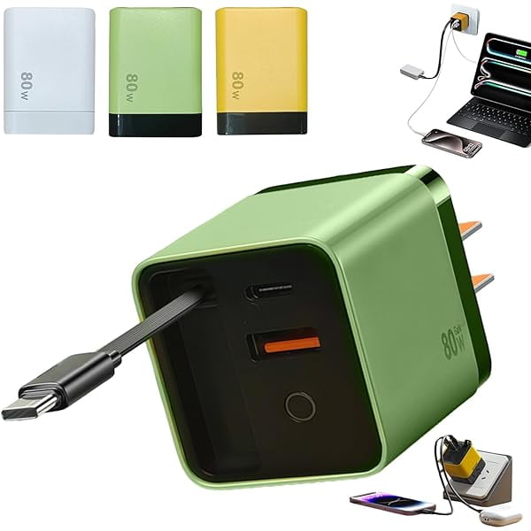 wonima11 3 in 1 Gan Charger, Scalable 80w Max Fast Charger Module, Charger Retractable Wall Plug with Type-C Cable and 2 USB Ports for Phones, Tablets (Green)