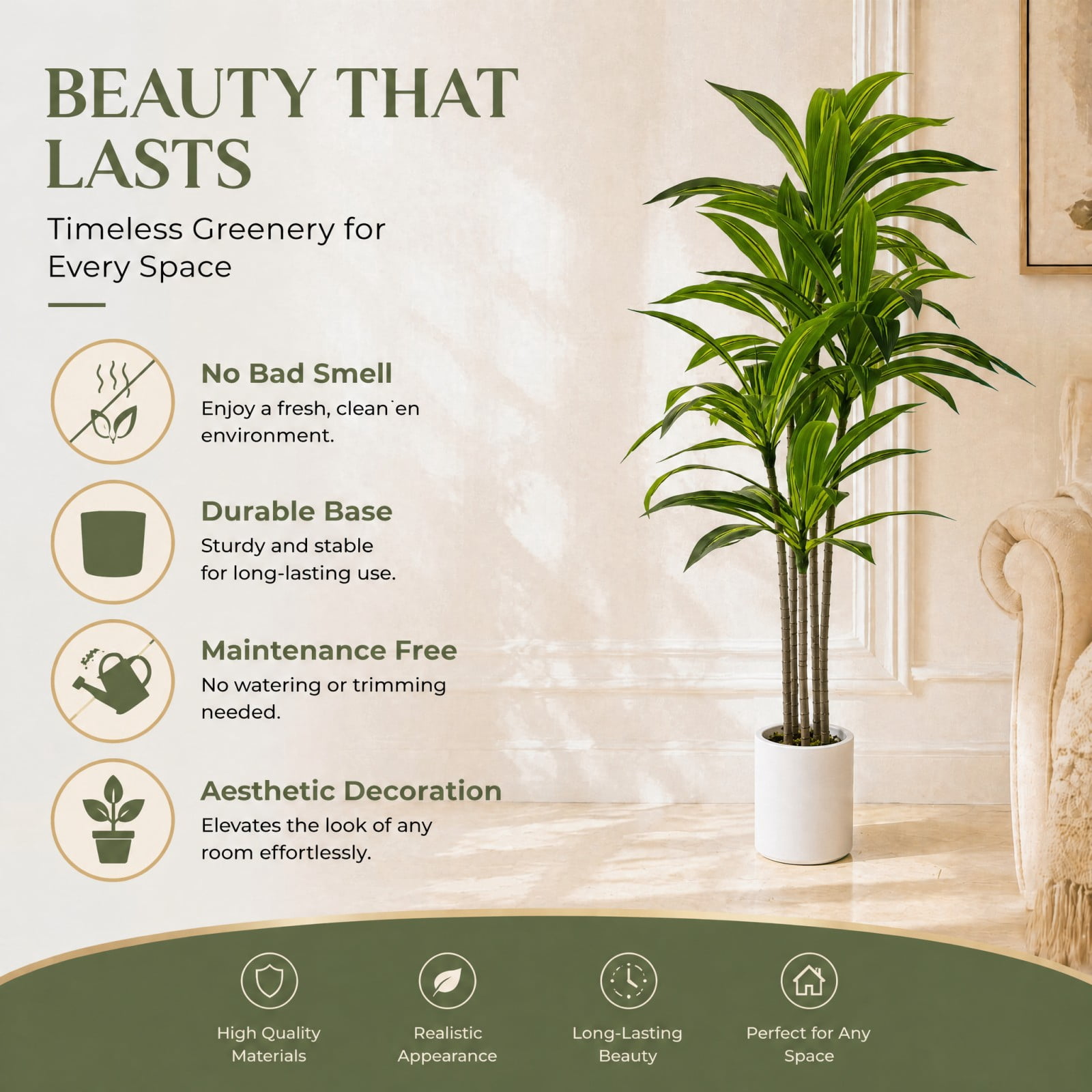 BEAUTYPEAK 5FT Artificial Dracaena Tree Fake Plants for Indoor Outdoor Decor, Upgraded White Pot