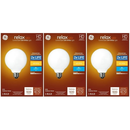 (case of 3) GE 41835 Relax LED G30 Vanity Globe, frosted, Soft White 2700K, 6 watt, 500 lumen, Dimmable Decorative Globe Light Bulb, 60 watt replacement