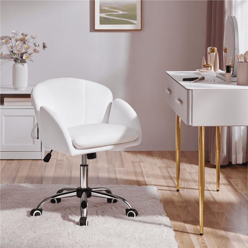 Alden Design Modern Rolling Desk Chair with Armrests for Home Office, Snowy