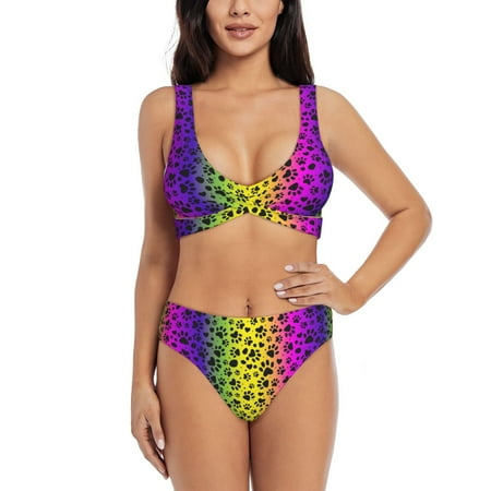 Zeuib Animal Paw Rainbow High Waisted Tummy Control Bikini Set - Knot Front Push Up Top & Cheeky Thong Bottom  Two-Piece Swimsuit for Women-Large