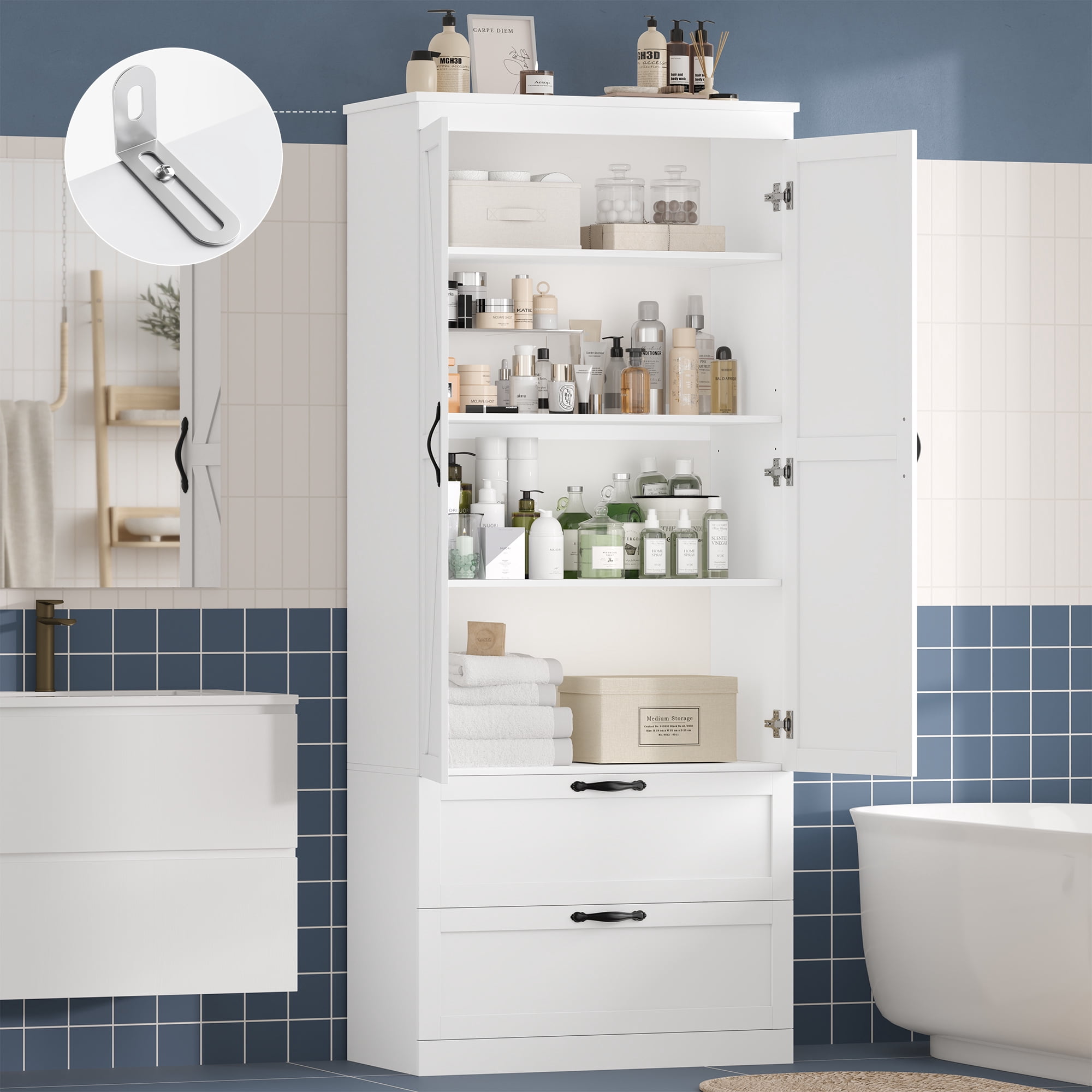 Homfa 70.3"H Bathroom Storage Cabinet, Farmhouse Linen Storage Cabinet with 2 Drawers, White