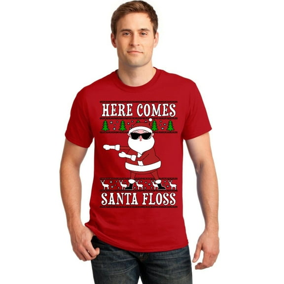 P&B Here Comes Santa Floss Ugly Christmas Sweater Men's T-shirt, S, Red