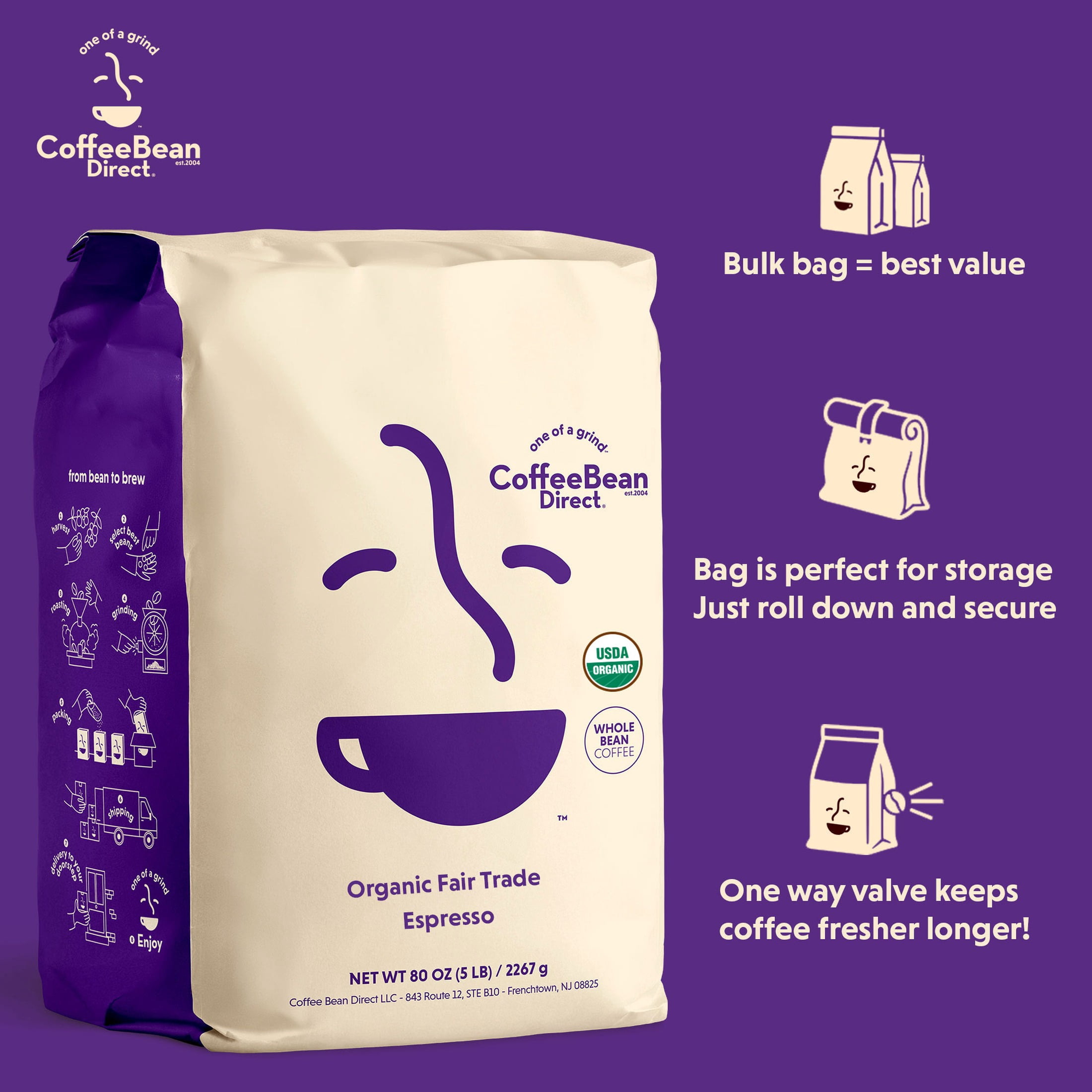 Coffee Bean Direct Organic Fair Trade Espresso, Whole Bean Coffee, Arabica, Dark Roast, 5 lb Bag