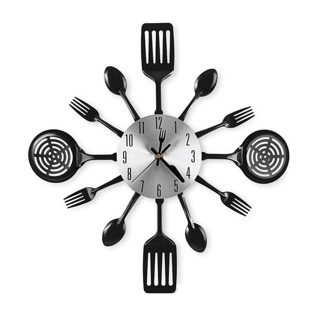 Relojes de pared de cocina de 16 pulgadas con cucharas y tenedores (negros)