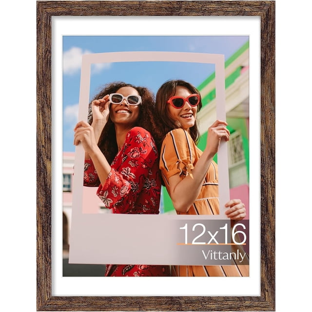 Vittanly 12x16 Picture Frame, Display Pictures 11x14 with Mat or 12x16 without Mat, Premium Material with Shatter Resistant Plexiglass, Poster Frame for Wall Display, Rustic Brown, 1 Pack