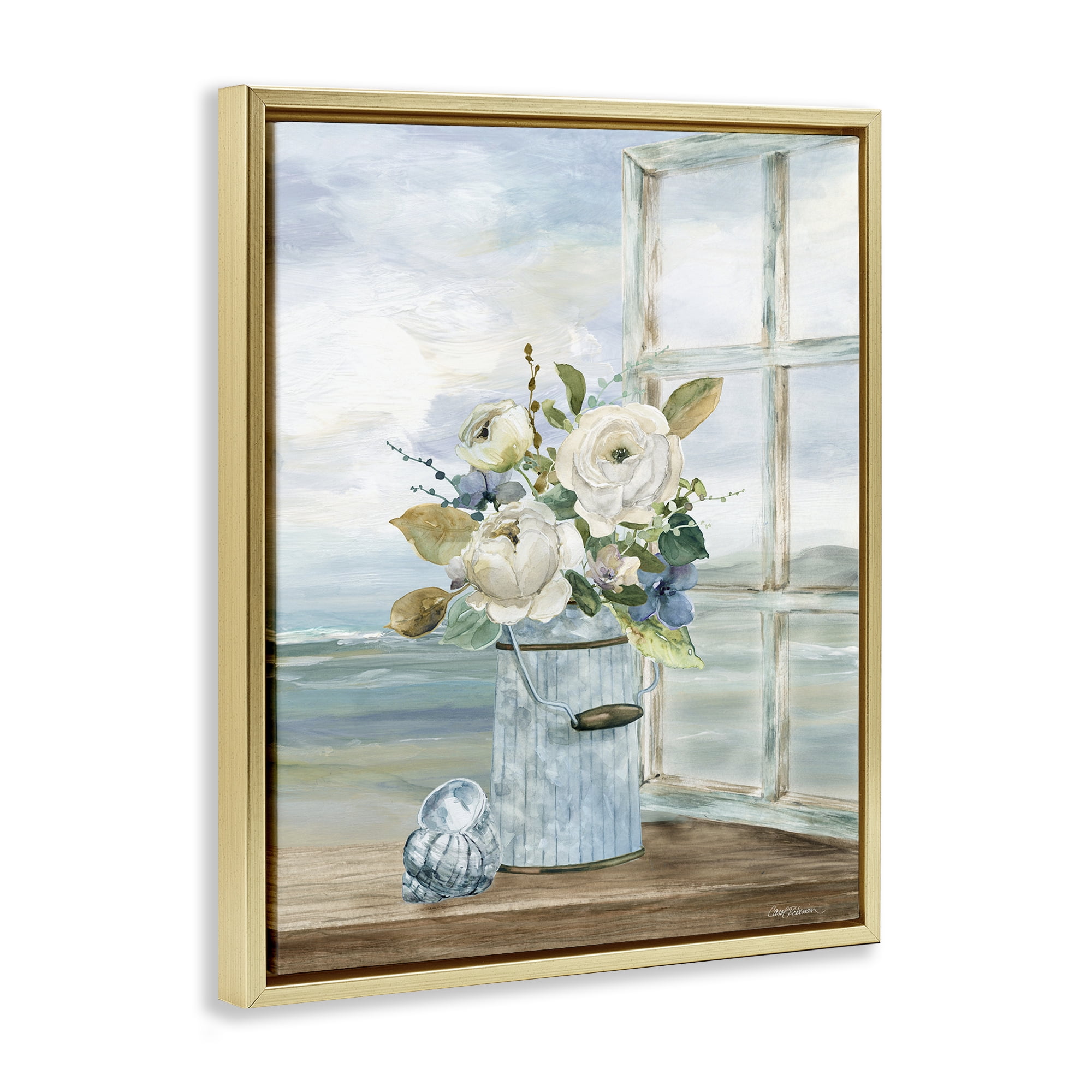 Stupell Industries Seaside Florals on Windowsill Gold Framed Floater Canvas Wall Art, design by Carol Robinson