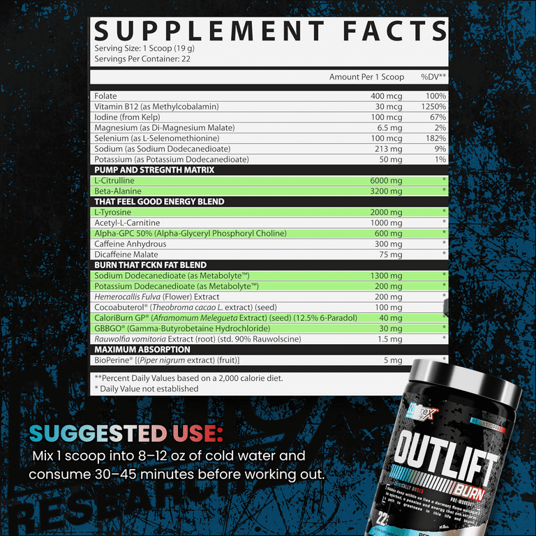 Nutrex Research Outlift Burn Red, White & 'Merica Thermogenic Pre Workout Powder 22 Servings