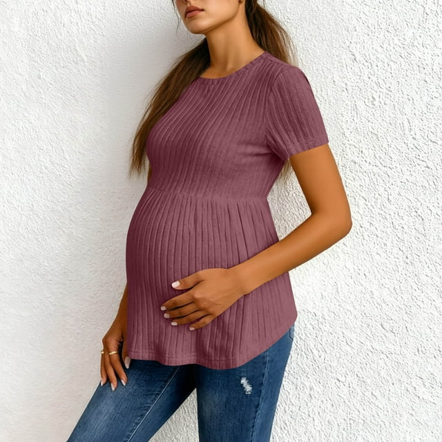 HongQid Women's Ruffle Hem Maternity T Shirt Short Sleeve Crewneck Ribbed Knit Peplum Tee Tops