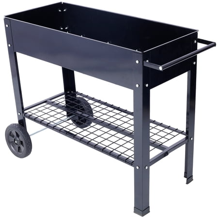 Gearwell Raised Garden Bed, Black Metal Elevated Planter Box with Wheels and Lower Shelf, Ergonomic Mobile Raised Planter for Patio Backyard Garden Growing