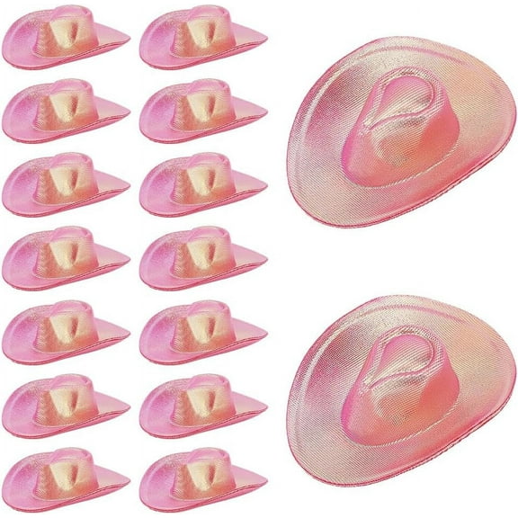 16 Pcs Satin Mini Cowboy Hats for Crafts Hot Pink Cloth Tiny Cowgirl Hat with Gift Box Miniature Doll Hat for Party Dollhouse Bottle Drink Cake