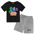 thumbnail image 3 of Conjunto de camiseta y pantalones cortos de cuello redondo de manga corta para niños y niñas de 3 a 12 años, ropa de verano con estampado de amigos arcoíris de algodón, 3 of 5