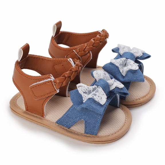 CUZIBR Girls Baby Sandals Summer Fashion Denim Cute Bow Lace Trim Adjustable Ankle Strap Open Toe Comfortable Flat Thick Soles Shoes Non- Lightweight Princess Sandals Footwear,Blue,0-6 Months