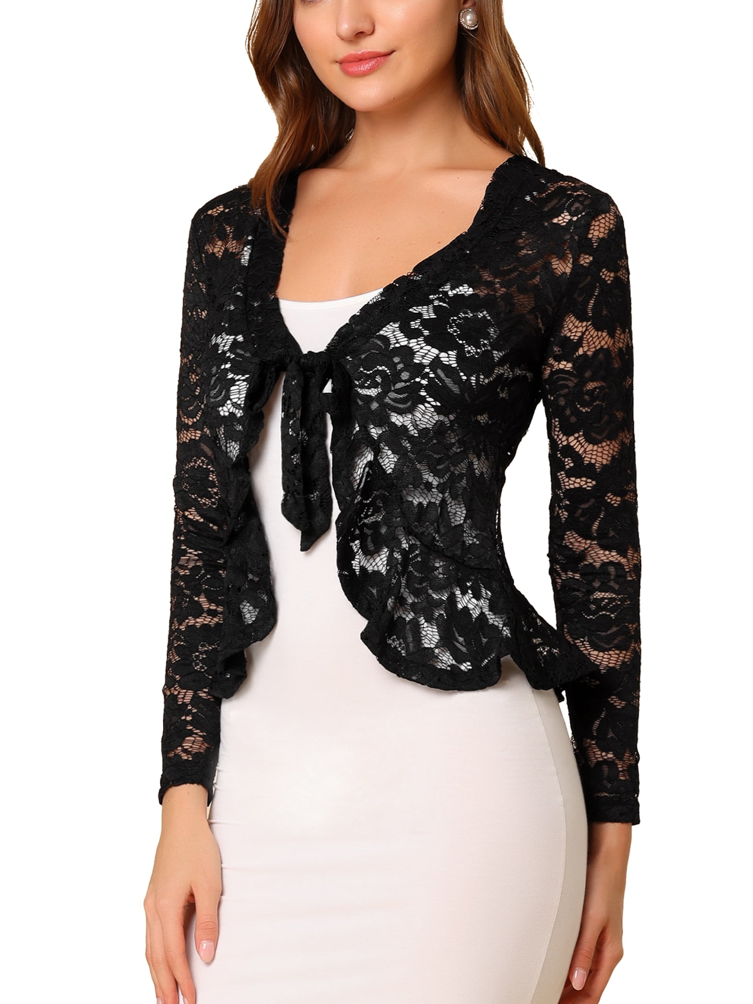 DARING DIVA Women's Ruffled Hem Floral Lace Crop Shrug Cardigan XL Black