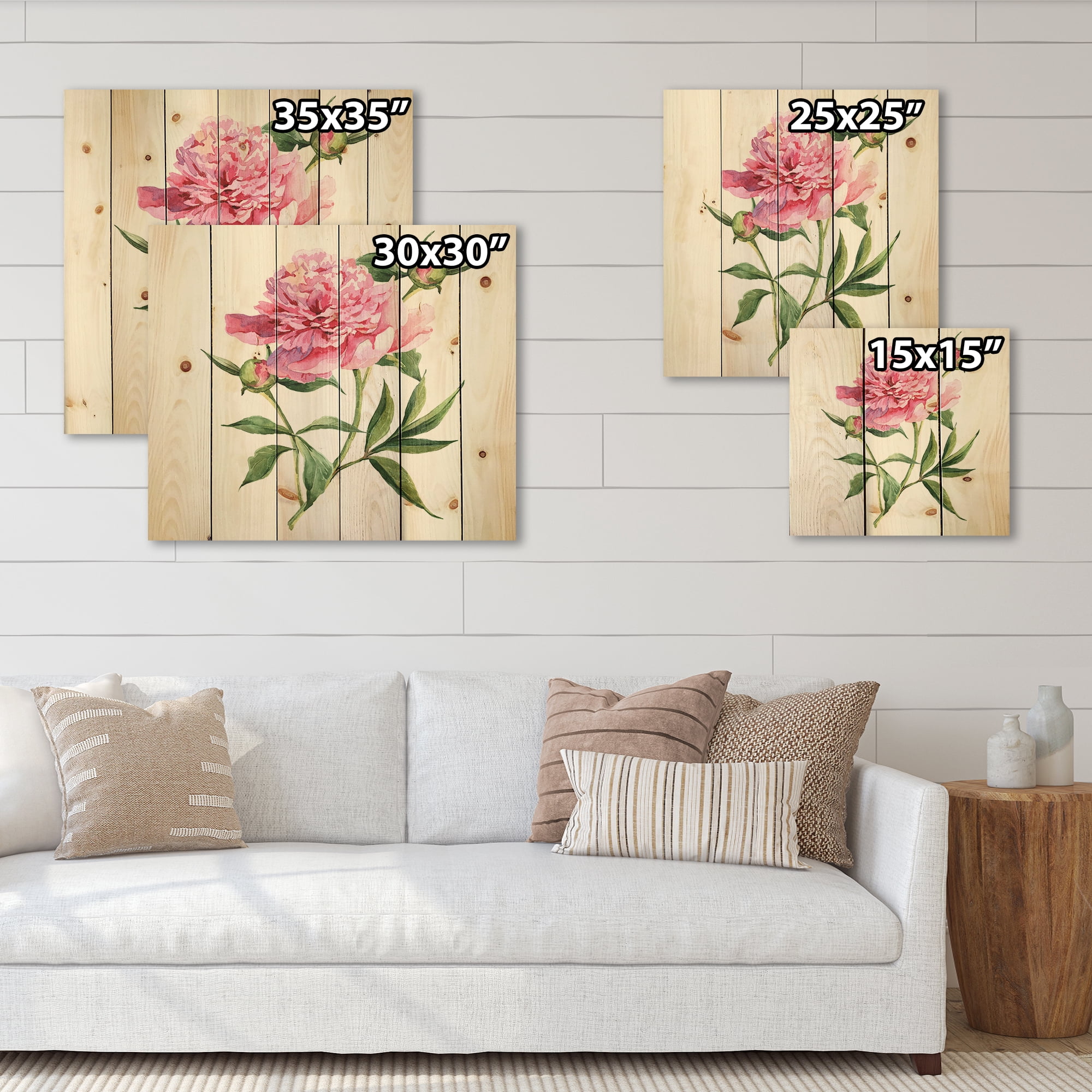 Designart 'Ancient Pink Peonies' Traditional Print on Natural Pine Wood