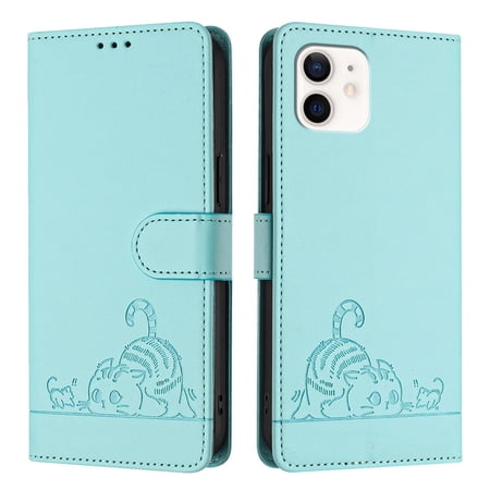 Phone Case for iPhone 12 Mini Wallet Case Cat Pattern PU Leather Case with [RFID Blocking] Card Slots Kickstand Shockproof Magnetic Flip Cover, Mint