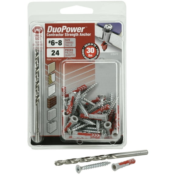 DuoPower Contractor-Strength Nylon Anchors with Screws, #6-8, Nylon, 30 lb., Red, 24 pack
