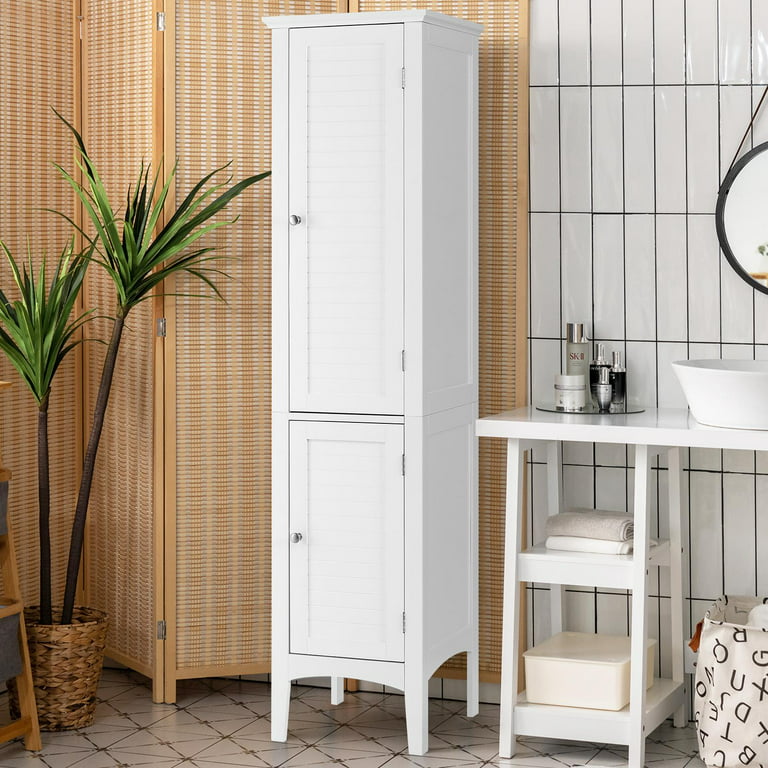 White Corner Linen Tower Bathroom Towel Storage Cabinet Tall Wooden  Organizer