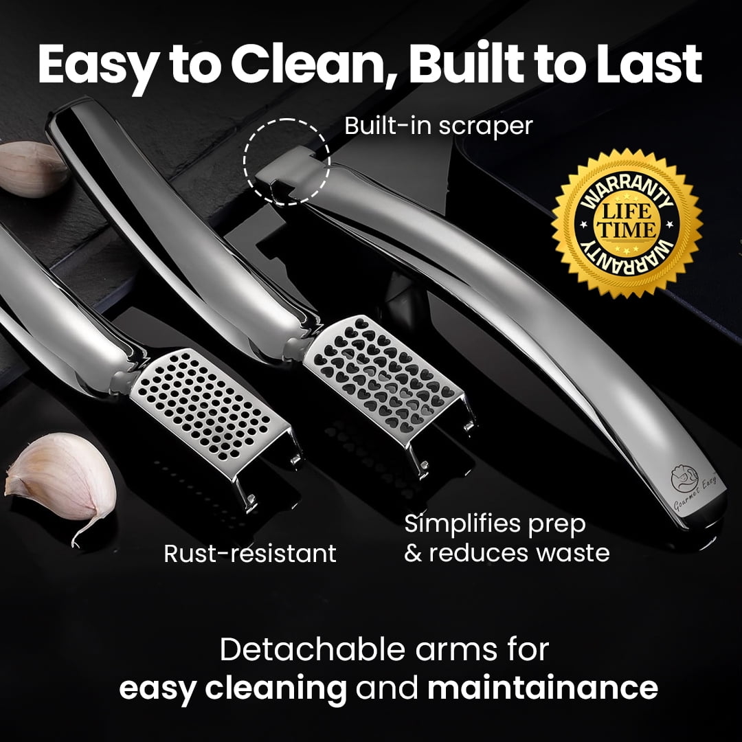 Gourmet Easy -No Peeling Required Stainless Steel Garlic Press with Two Detachable Handles for Coarse & Fine Mincing - Premium Garlic Mincer Tool, Easy to Clean, Dishwasher Safe Garlic Crusher