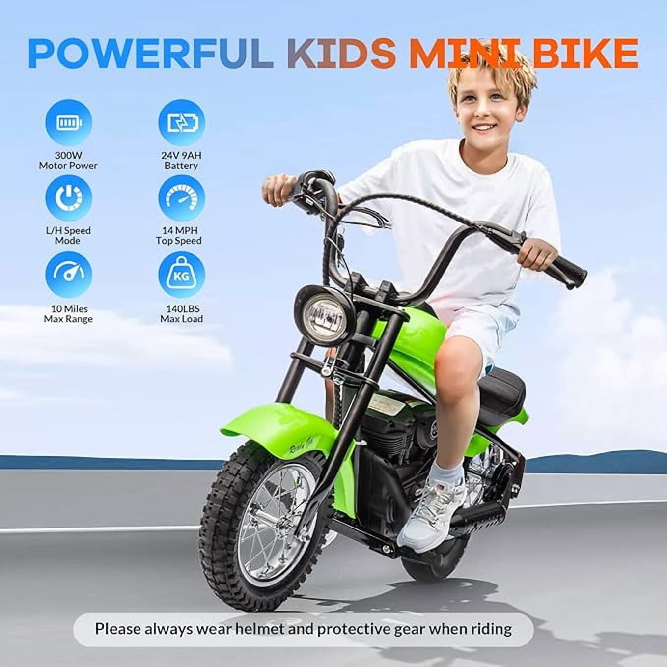 Electric Motorcycle for Kids, 24V 250W Dirt Bike, Two Speed Max Up to 14MPH & 60 Minutes Continuous, with Led Lights, Leather Seat, Rear Brake, Electric Motorbike for Kids/Teens, Green