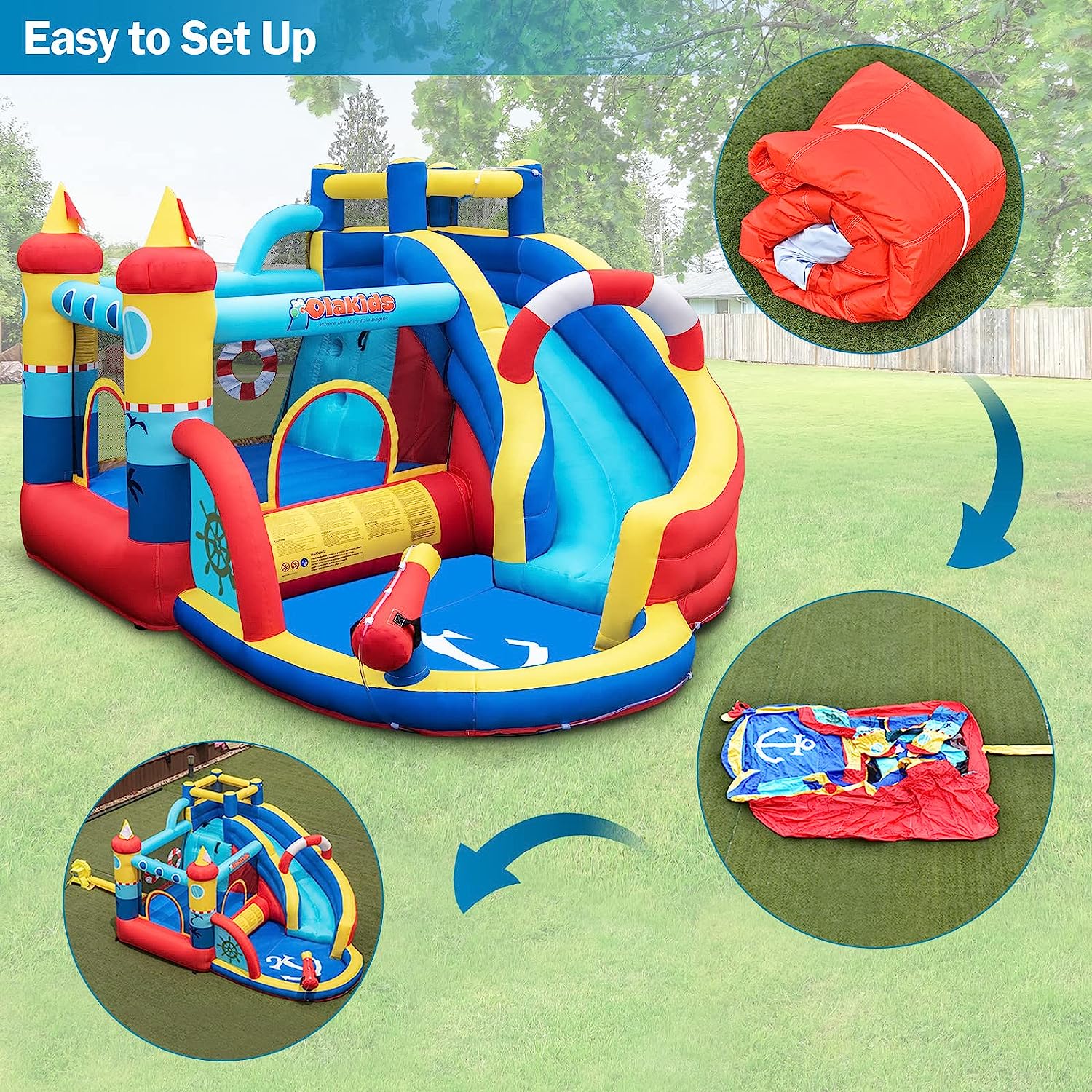 OLAKIDS Inflatable Water Slides, Nautical Themed Bouncy House with Slide, Splash Pool, Climbing Wall, Water Blast, Outdoor Jumping Castle with Hose, Carry Bag, Repairing Kit, Stakes (with Air Blower)