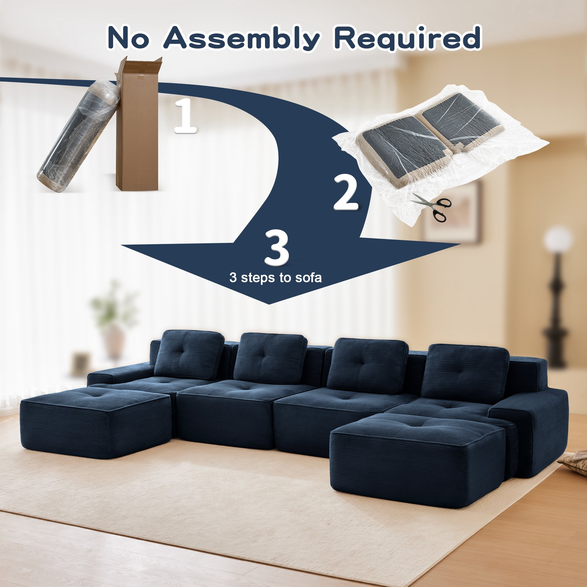 MOONMISS 153" Modern Corduroy Boneless Love Seat Couches with 2 Ottoman, 4 Seater Large Sectional Couches for Living Room, No Assembly,Blue
