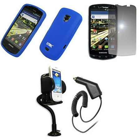 Empire Vents Mirror - EMPIRE Blue Silicone Skin Case Cover + 360 Degree Rotatable Car Windshield Mount with Air Vent Attachment + Mirror Screen Protector + Car Charger (CLA) for Verizon Samsung Droid Charge