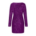 thumbnail image 6 of lcziwo Lightning Prime Deals Womens Glitter Sequin Wrap Dress Solid Deep V-neck Long Sleeve Bodycon Dress Sparkly Cocktail Party Dresses,Purple,XL, 6 of 7