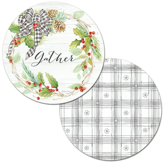 Wipe-Clean Round Reversible Shaped Placemats, Holiday Gingham, Set of 2, Made in The USA