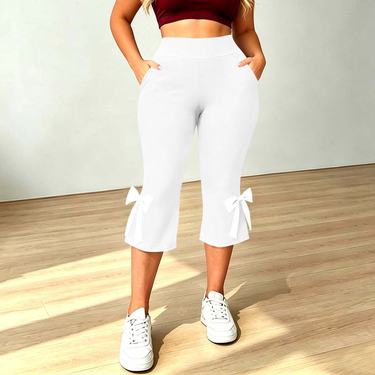 white dress capris plus size Womens Capri Leggings with Pockets Side Bowknot High Waisted Stretch Flared Yoga Summer Pants (5XL, Purple #A) Denim Tank Top and Capri Set Plus Size White Capris |