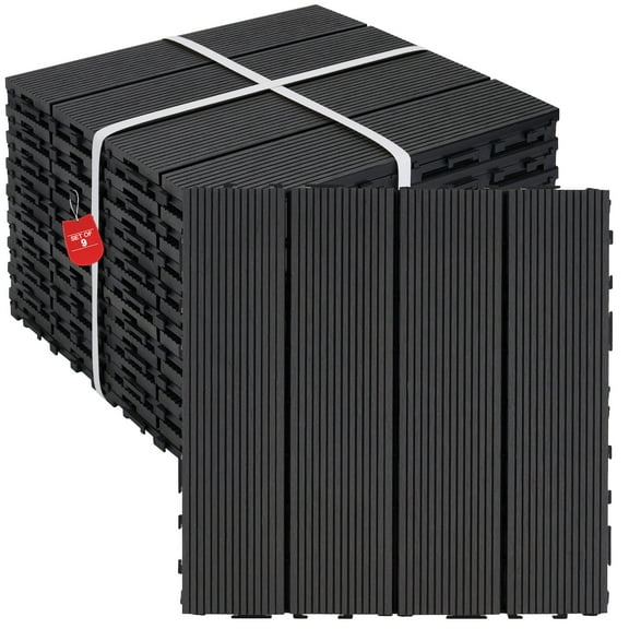 9 PCS Heavy-Duty & Recyclable Wood-Plastic Interlocking Deck Tiles 11.8" x 11.8"- Outdoor and Indoor for Patio, Balcony, Porch, Backyard, Bedroom (Black)