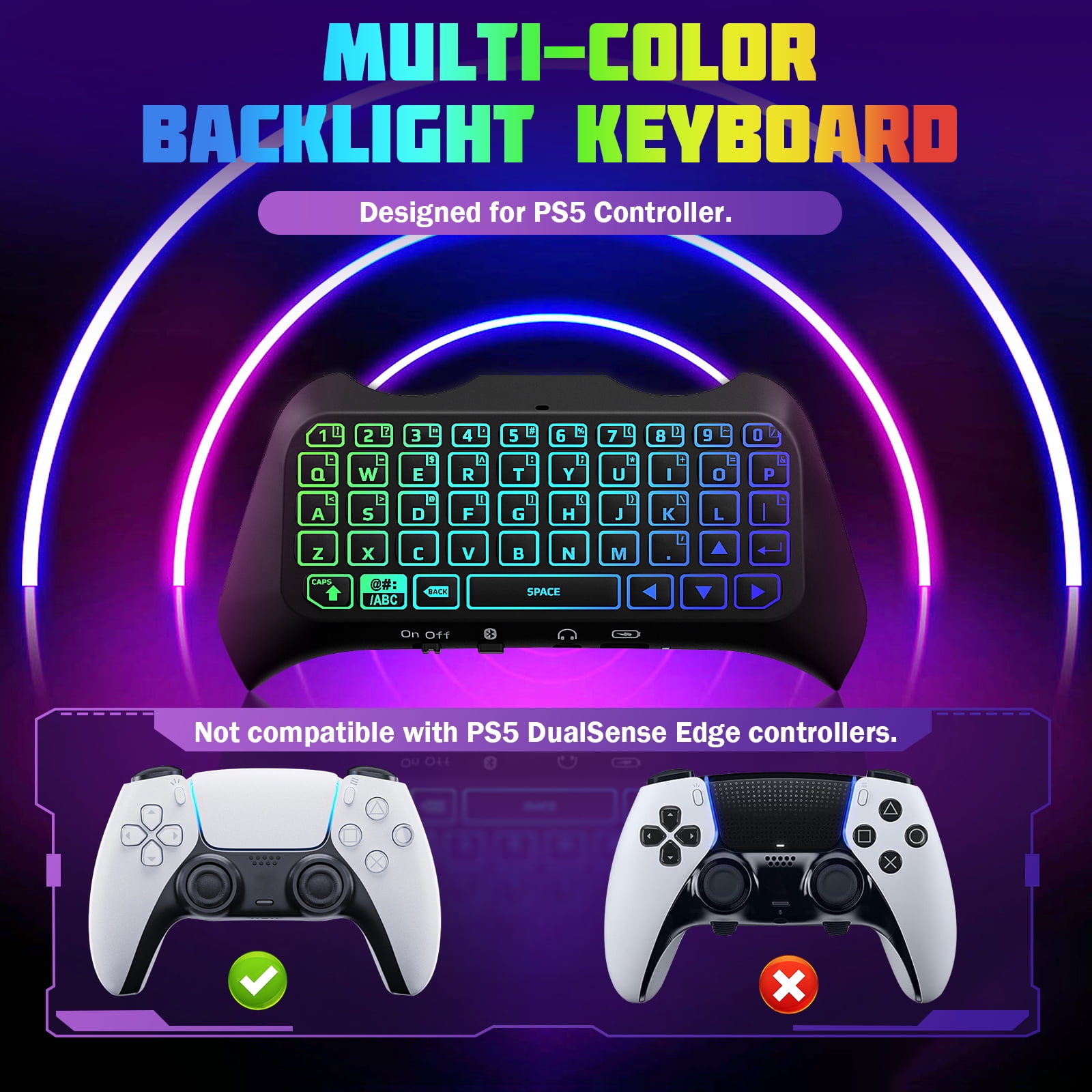 TiMOVO Multi-Color RGB Backlight Keyboard for PS5 Controller, Wireless Keypad Chatpad for PlayStation 5 Controller, Mini PS5 Game Keyboard Built-in Speaker with 3.5mm Audio Jack, Black