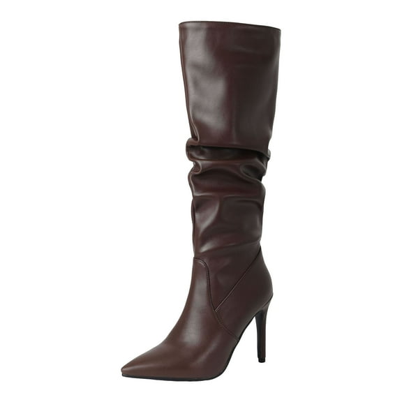 Stiletto High Heels Slouchy Knee High Boots for Women Fashion Pointed Toe Wide Calf Riding Booties Comfortable Prom Party Dress Shoes Brown Size 8