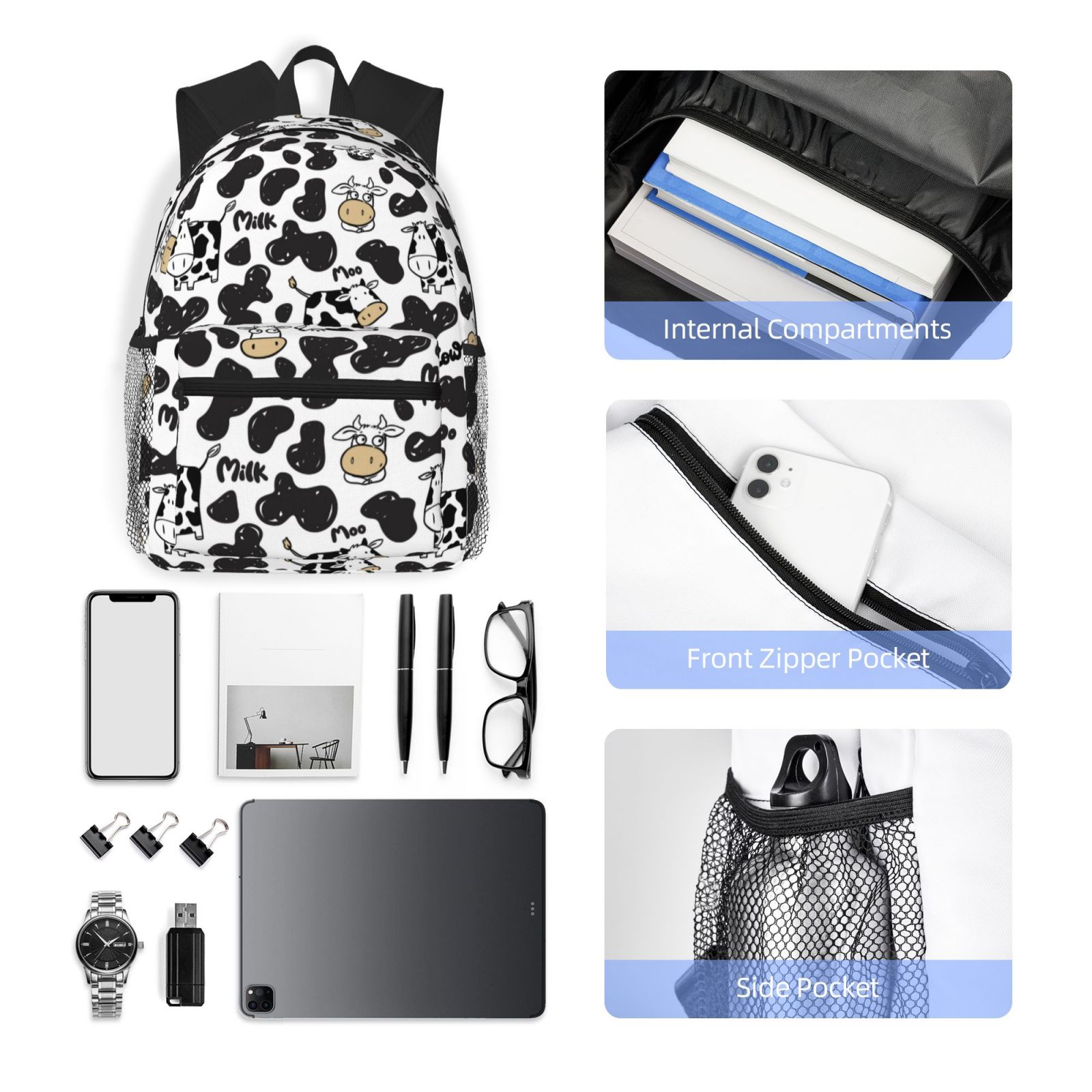 Ratiio Cow Print Casual Backpack for Men and Women, Water Resistant Oxford Fabric School Bag Lightweight Travel Daypack