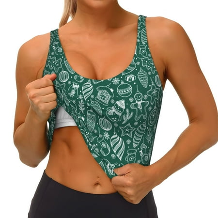 Qokaie Green Christmas Pattern Womens Scoop Neck Sports Bra Breathable Workout Vest Padded U Back Medium Impact Fitness Gym Yoga Bra Workout Crop Top
