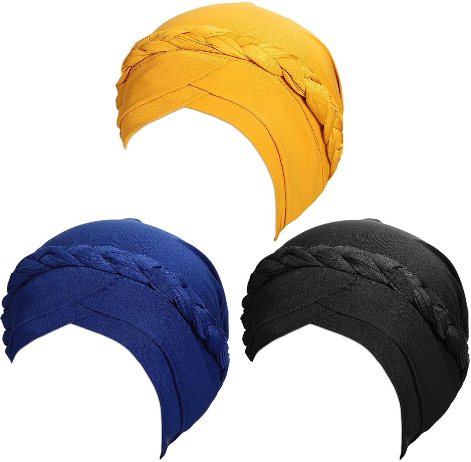 3 Pieces Women Turban Pre-Tied Bonnet Braid Soft Turban Muslim Hijab African Head Wrap Headwear for Woman, One Size