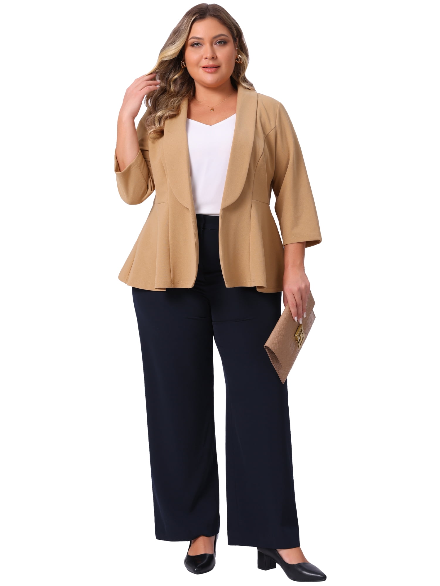 DARING DIVA Plus Size Blazer Sleeve Open Front Peplum Work Suit Jacket 2X Khaki