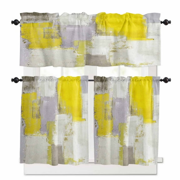 Yellow Kitchen Curtains and Valances Set, 3 Piece Kitchen Curtains Set 24 Inch Length, Modern Geometric Grey Oil Painting Abstract Rod Pocket Curtains Tier Farmhouse Window Curtains