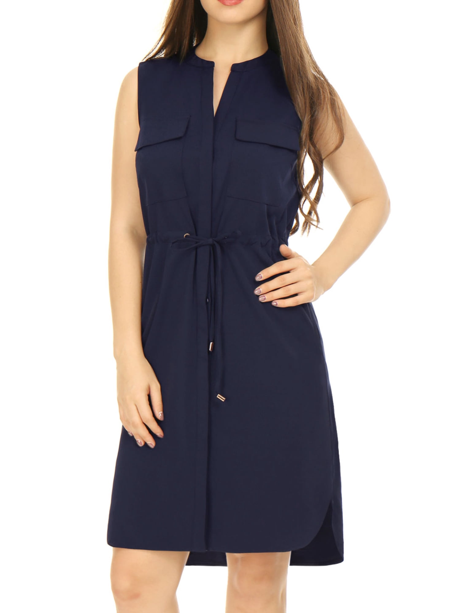 navy sleeveless shirt dress