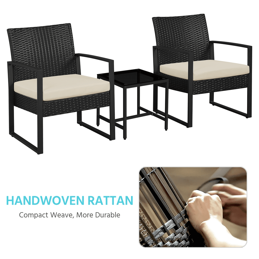 Renwick 3-Piece Patio Bistro Set with 2 PE Rattan Chairs and Table, Black/Beige