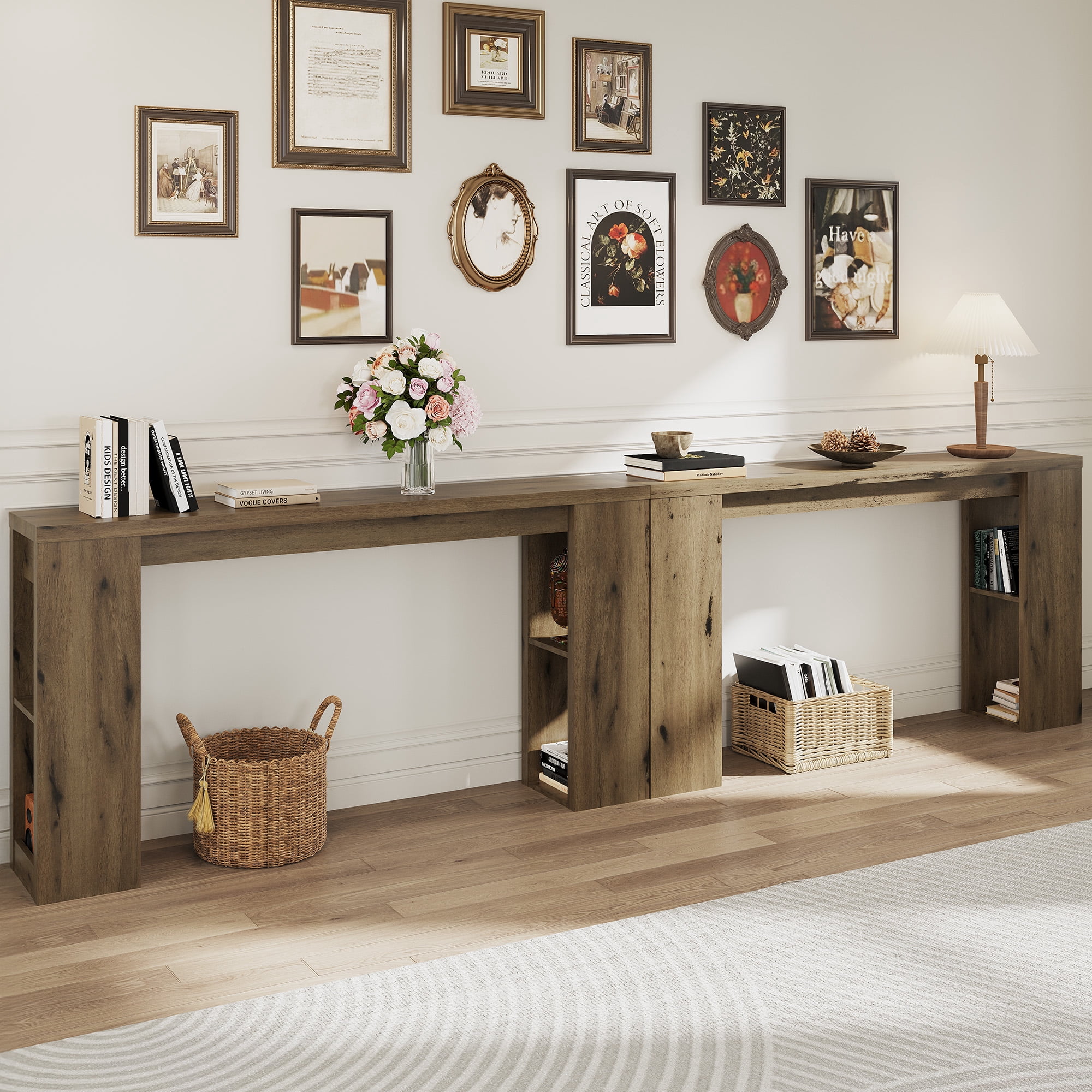 63 Inch Natural Farmhouse Console Table with Open Storage Shelves, Rectangular Wooden Entryway Sofa Table for Hallway Living Room Foyer Decor Display