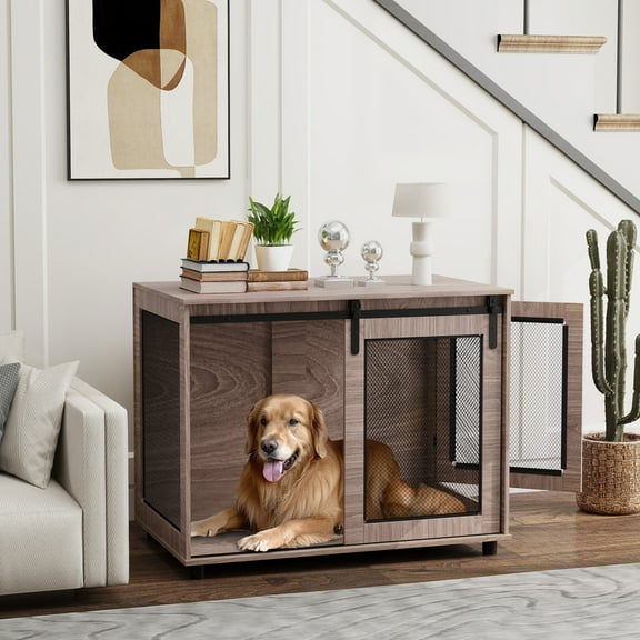 PawHut 39" Dog Crate Furniture, Dog Kennel Furniture End Table with Sliding Barn Door, Furniture Style Dog Crate for Large Dogs, Walnut Brown