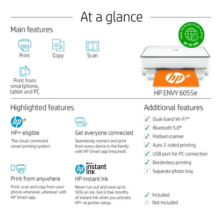 HP - ENVY 6055e Wireless Inkjet Printer with 3 months of Instant Ink Included with HP+ - White