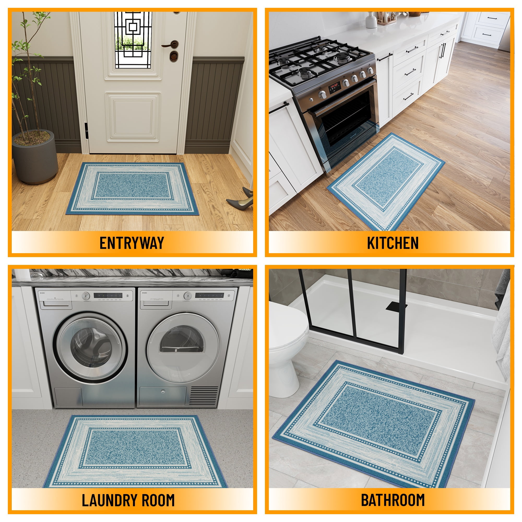 Ottomanson Border Indoor Doormat 2'3" x 3' - Non Slip Low Pile Area Rug for Entryway, Blue