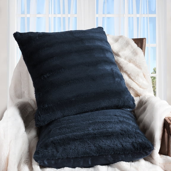 Cheer Collection Faux Fur Throw Pillows 20" x 20", Set of 2 - Blue