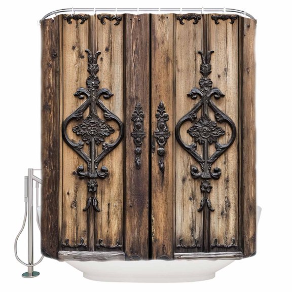 Wooden Plank Shower Curtains for Bathroom Waterproof Fabric Bath Curtains Decor Bath Tub Curtain Rustic Farmhouse Brown Black Barn Door Decorative Shower Curtain Sets with 12 Hooks, 72x72 Inch