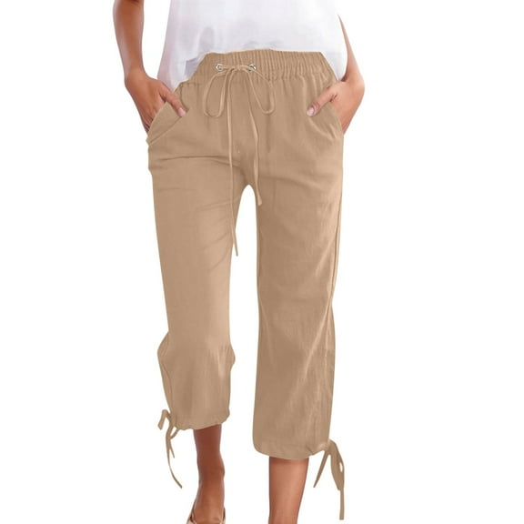 Zylarhe Women Linen Pants Women's Casual Linen Pants Summer Lightweight Elastic Waist Drawstring Cropped Trousers Loose Fit Beach Capris with Pockets Comfortable Breathable Stylish